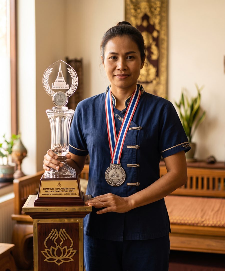 Demo portrait of a champion therapist holding a competition trophy