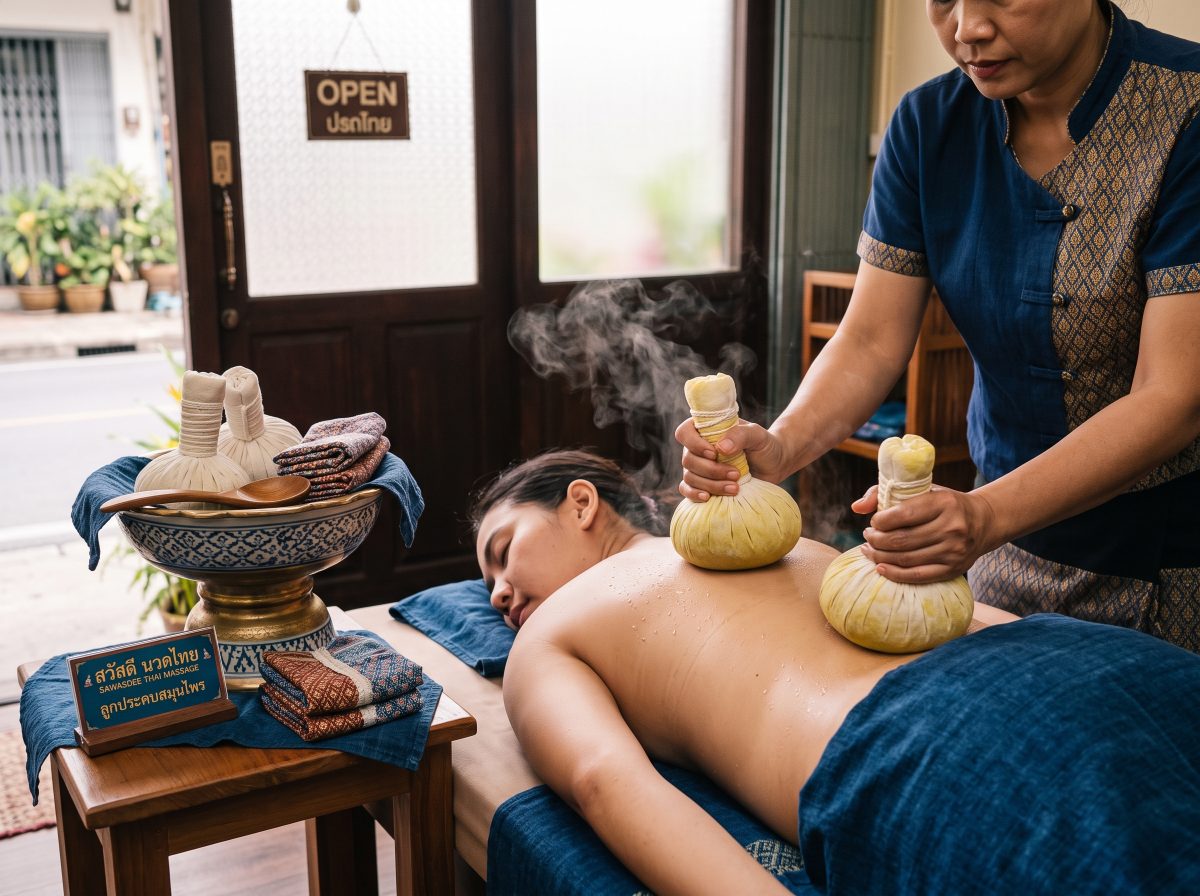 A herbal compress treatment in progress