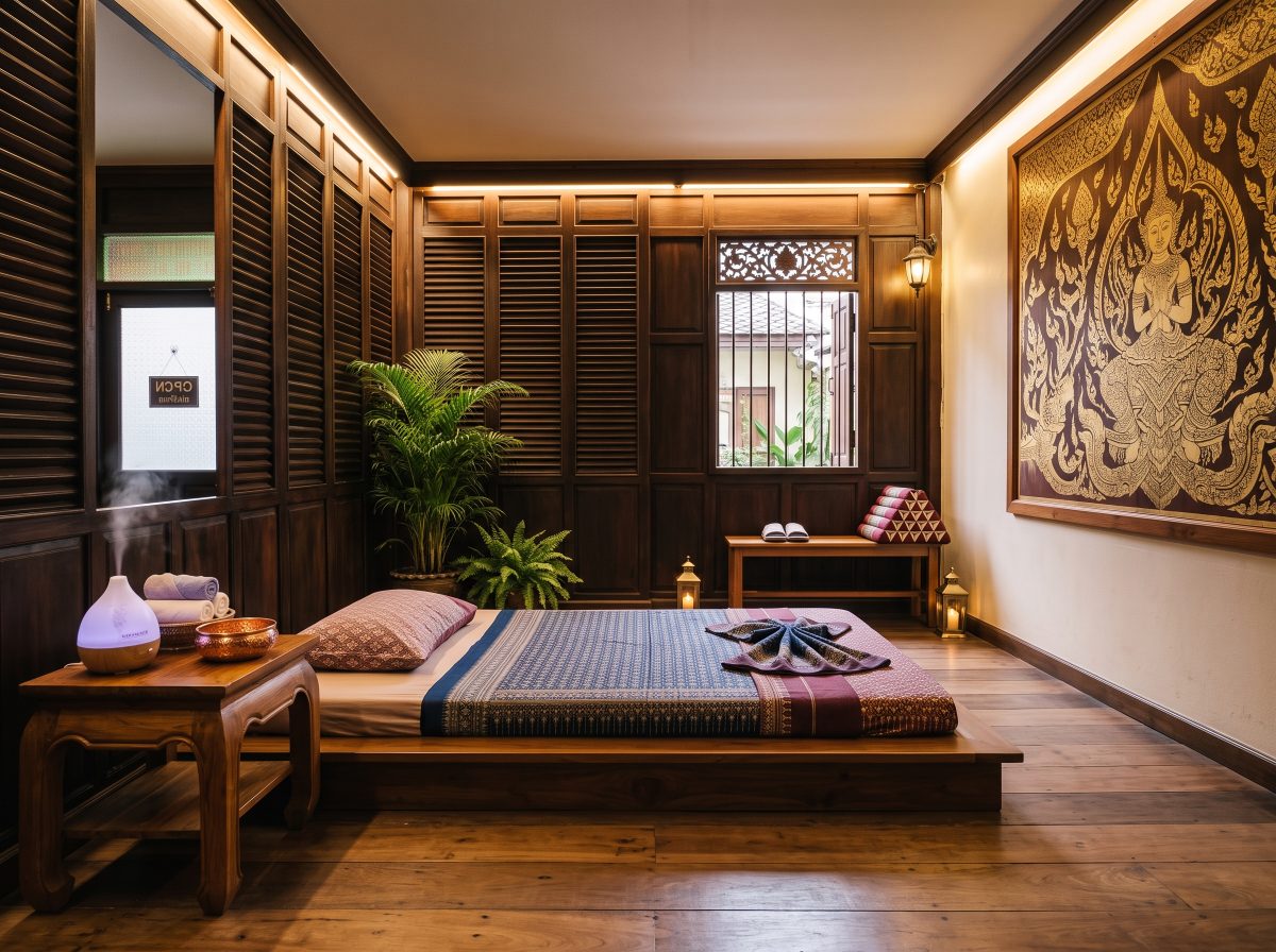 A treatment room laid out for a session
